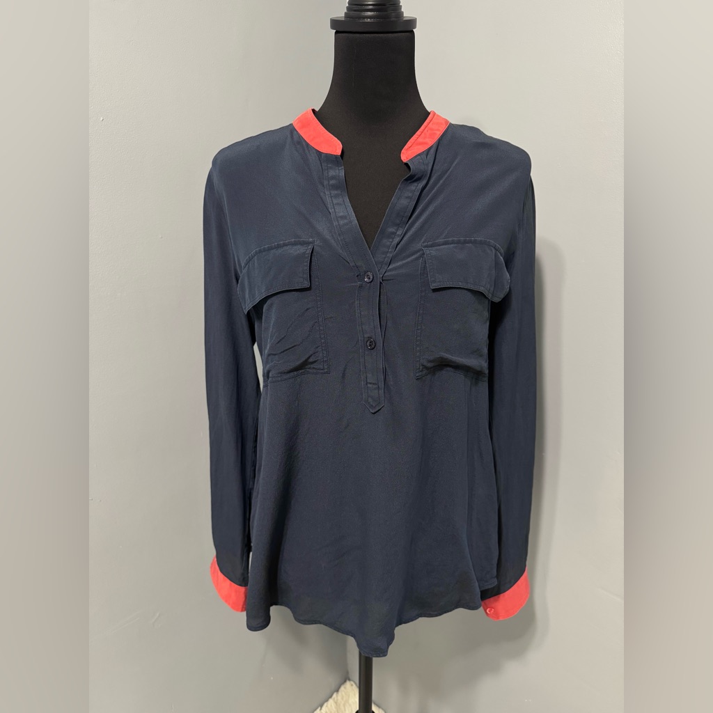 Vince Contrast Trim Split Neck Silk Popover Dark Blue / Orange Women’s Size 6